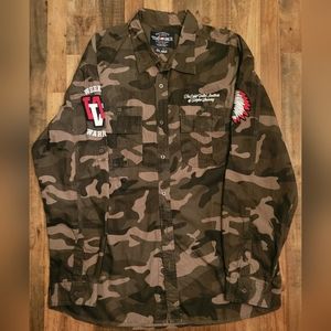 Ecko Unltd. Camo Military Sewn Patchwork Long Sleeve Button Up Shirt Men's 2XL